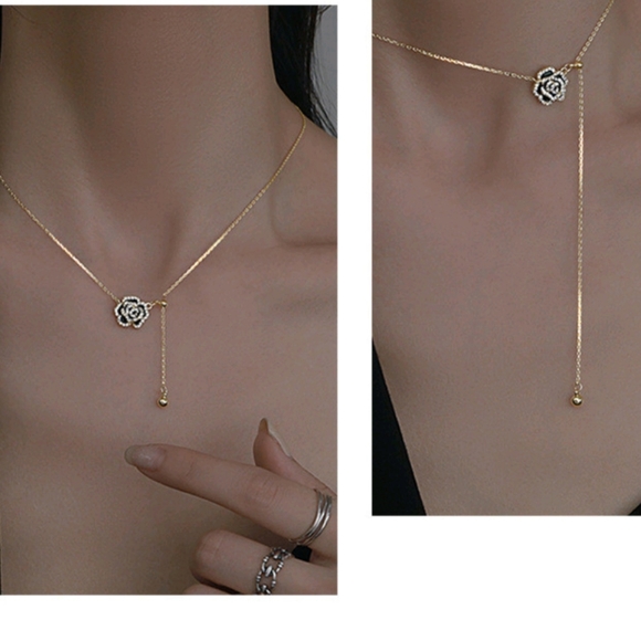 Boutique Jewelry - Adjustable Black Rose Camellia Lariat Necklace - Gold Tone